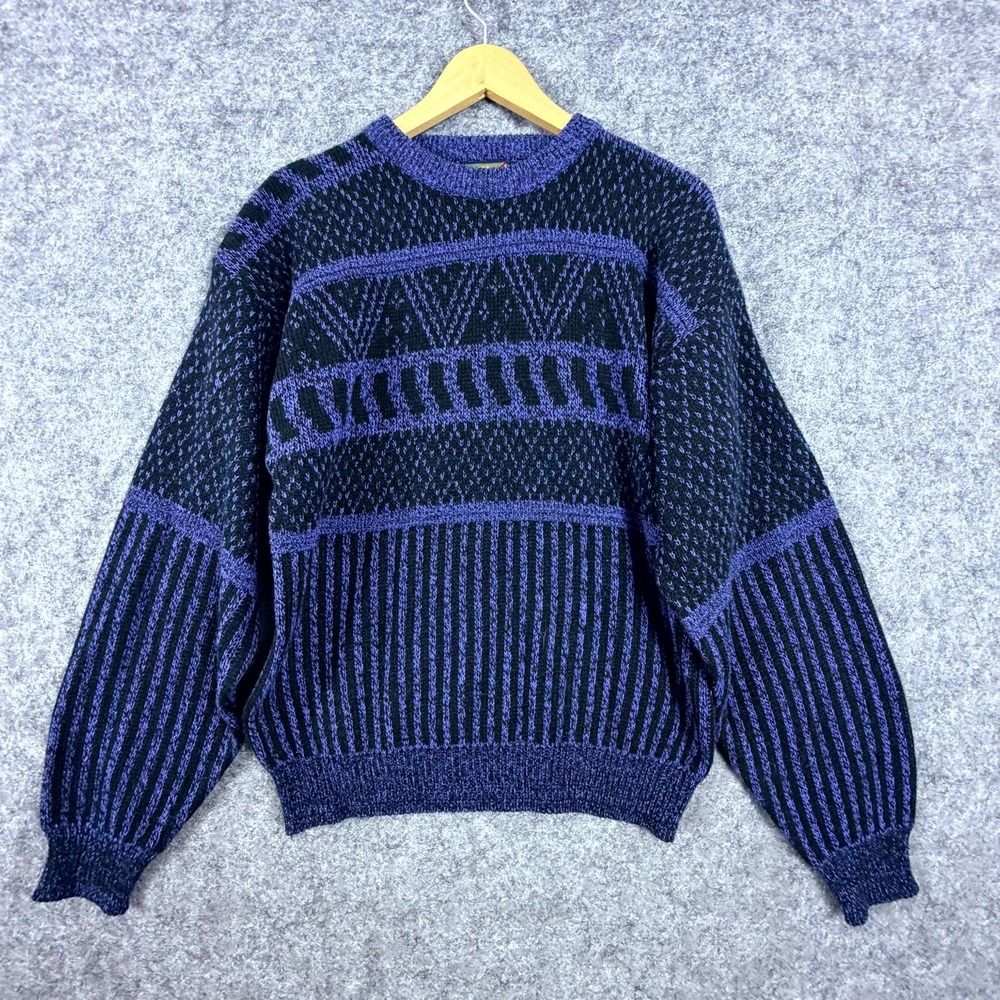Vintage Saturdays Sweater Mens Medium Black Purple Geometric Grandpa Dad Preppy